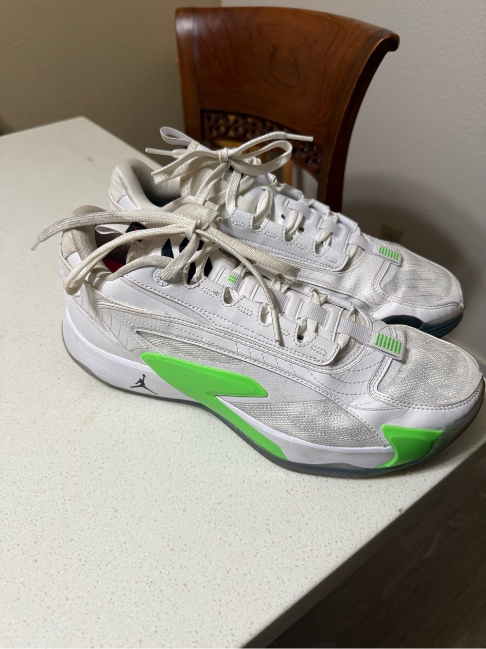 Jordan Low-Top Sneakers in White with Neon Green and Red Accents